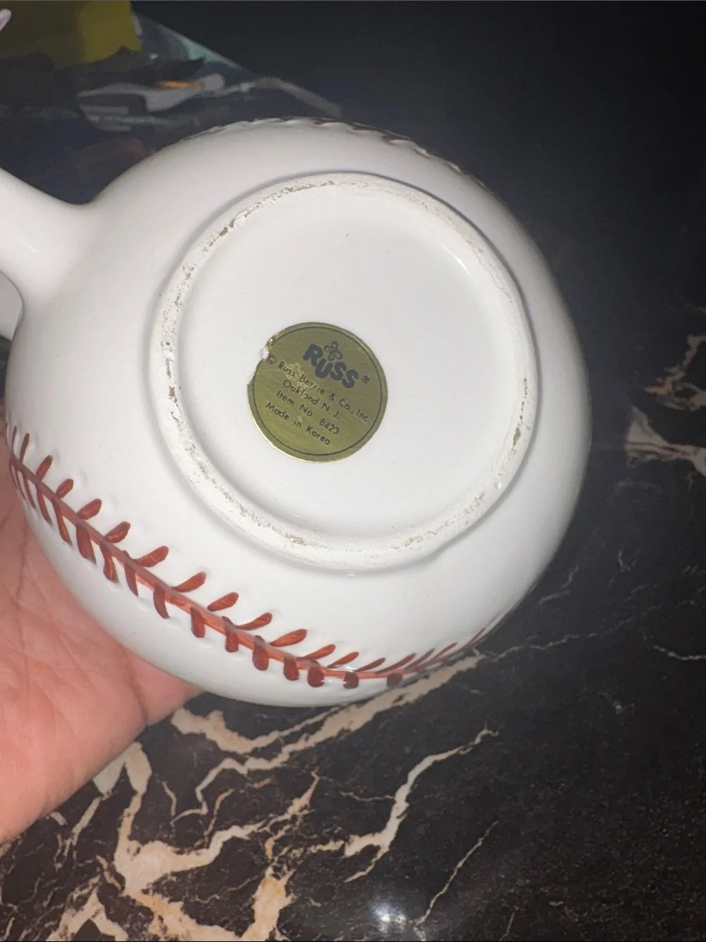 Russ Ceramic Baseball Mug - White with Red Stitching